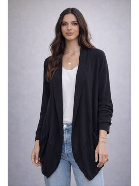Eileen Fisher Black Open Front Cardigan Jacket Pockets Long Sleeve XL